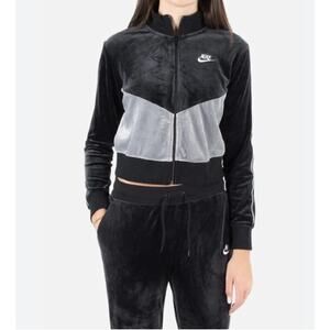 Nike Women's Small Velour Track Zip Sweater Jacket Black Gray Color Block Y2k